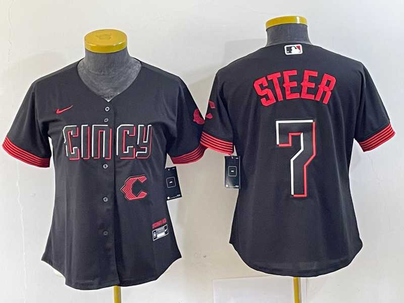 Womens Cincinnati Reds #7 Spencer Steer Black 2023 City Connect Cool Base Stitched Baseball Jersey1->mlb womens jerseys->MLB Jersey